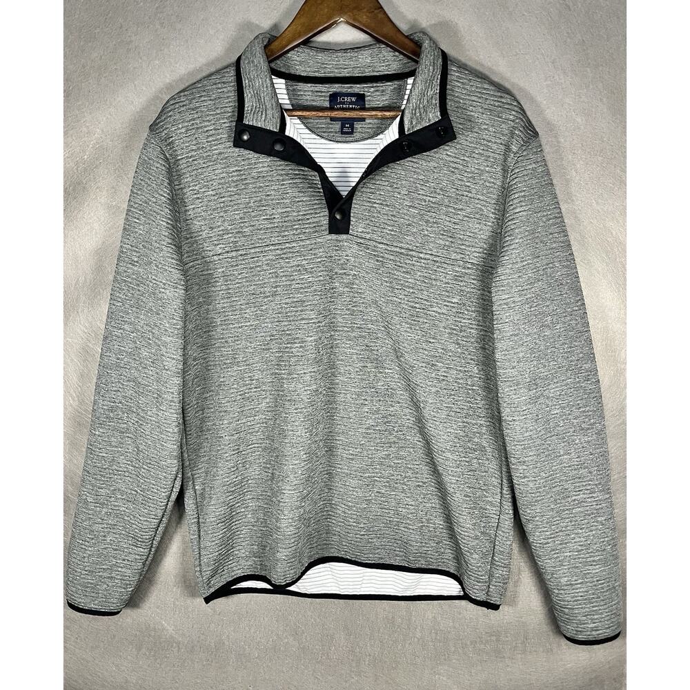 J Crew Authentic Fleece Pullover Sweatshirt Men's Medium Gray Snap Quilted